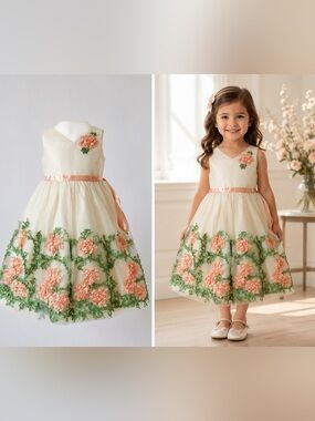 American Princess Flower Girl Dress 4T Ivory Tulle Peach Floral Appliqué Wedding
